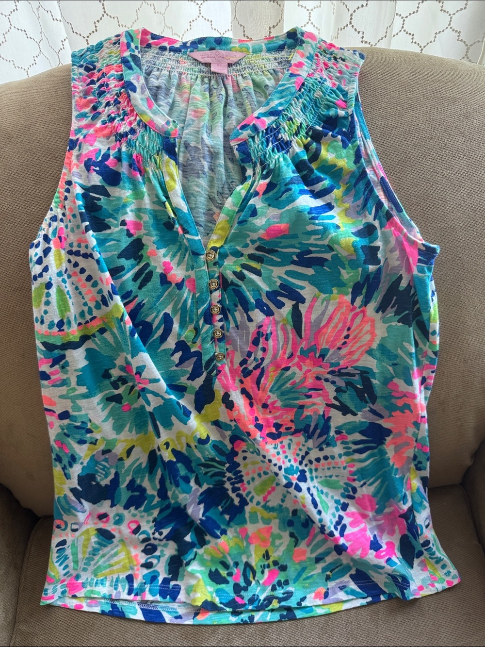 Lilly Pulitzer Multicolor Floral Smocked Henley Tank
